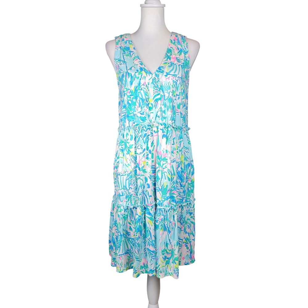 Lilly Pulitzer Lorina Swing Dress Womens M Cotton Ibiza Cabana Cocktail Tiered